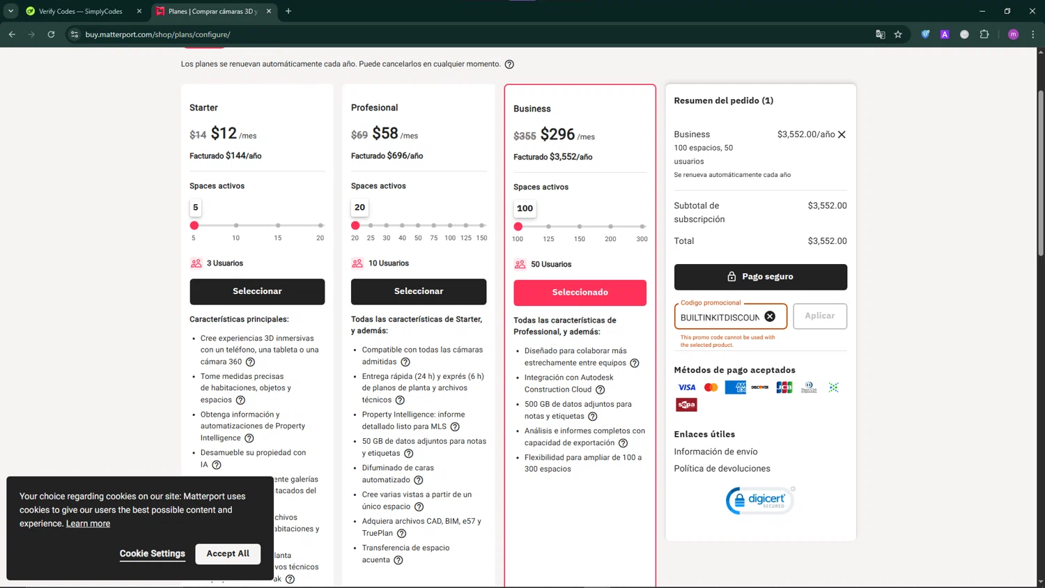Matterport promo code screenshot showing code BUILTINKITDISCOUNT applied at Matterport checkout page. Uploaded by SimplyCodes community member TokenChaser4876 on Jun 9, 2025