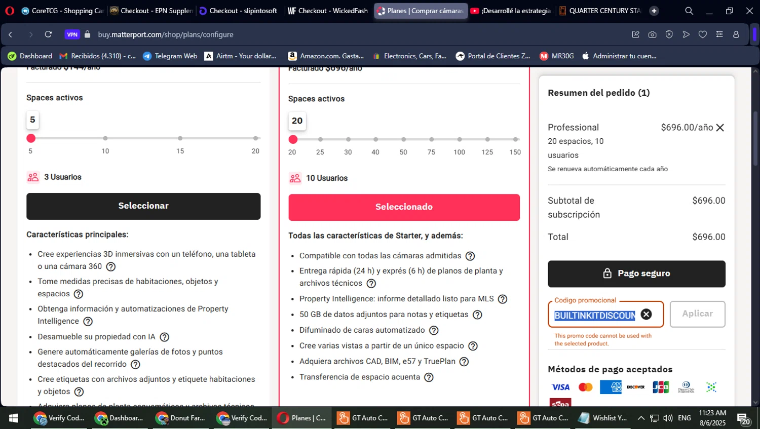 Matterport promo code screenshot showing code BUILTINKITDISCOUNT applied at Matterport checkout page. Uploaded by SimplyCodes community member TrevorPhilips on Aug 6, 2025