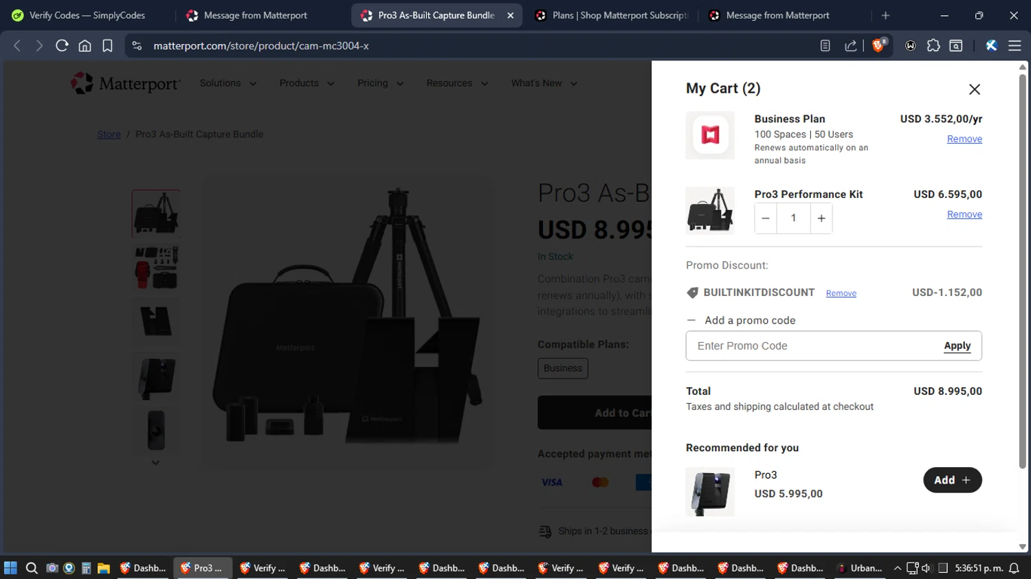 Matterport checkout page showing Matterport promo code box | Screenshot taken by SimplyCodes community member on Jan 13, 2026