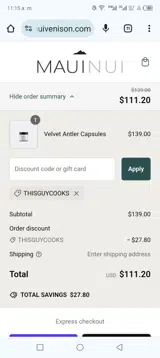 Maui Nui Venison coupon verification screenshot