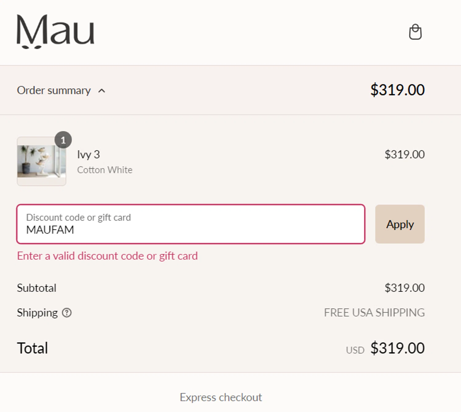 Mau Pets discount code screenshot showing code MAUFAM applied at Mau Pets checkout page. Uploaded by SimplyCodes community member Coolemorestt on Feb 6, 2025