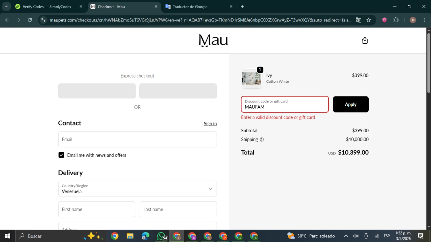 Mau Pets promo code screenshot showing code MAUFAM applied at Mau Pets checkout page. Uploaded by SimplyCodes community member NobleExpert6497 on Apr 3, 2026