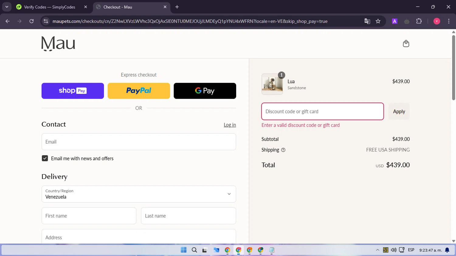 Mau Pets discount code screenshot showing code MAUFAM applied at Mau Pets checkout page. Uploaded by SimplyCodes community member GloriousMaestro4930 on Mar 24, 2025