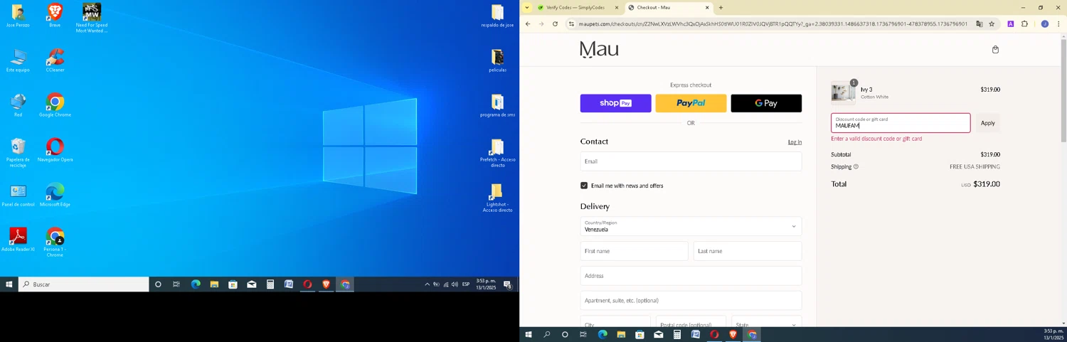 Mau Pets discount code screenshot showing code MAUFAM applied at Mau Pets checkout page. Uploaded by SimplyCodes community member EpicSage3474 on Jan 13, 2025