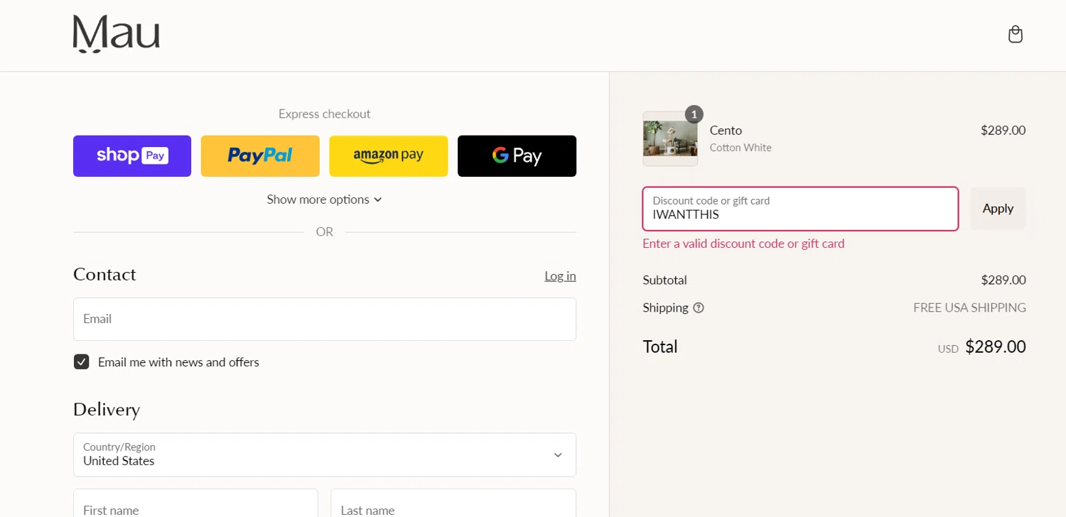 Mau Pets discount code screenshot showing code IWANTTHIS applied at Mau Pets checkout page. Uploaded by SimplyCodes community member LieutenantGhost on Feb 14, 2025