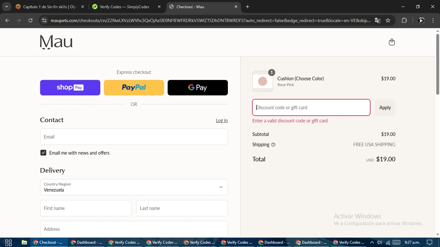 Mau Pets discount code screenshot showing code ILOVEPINK applied at Mau Pets checkout page. Uploaded by SimplyCodes community member SavvyChaser6563 on Mar 24, 2025