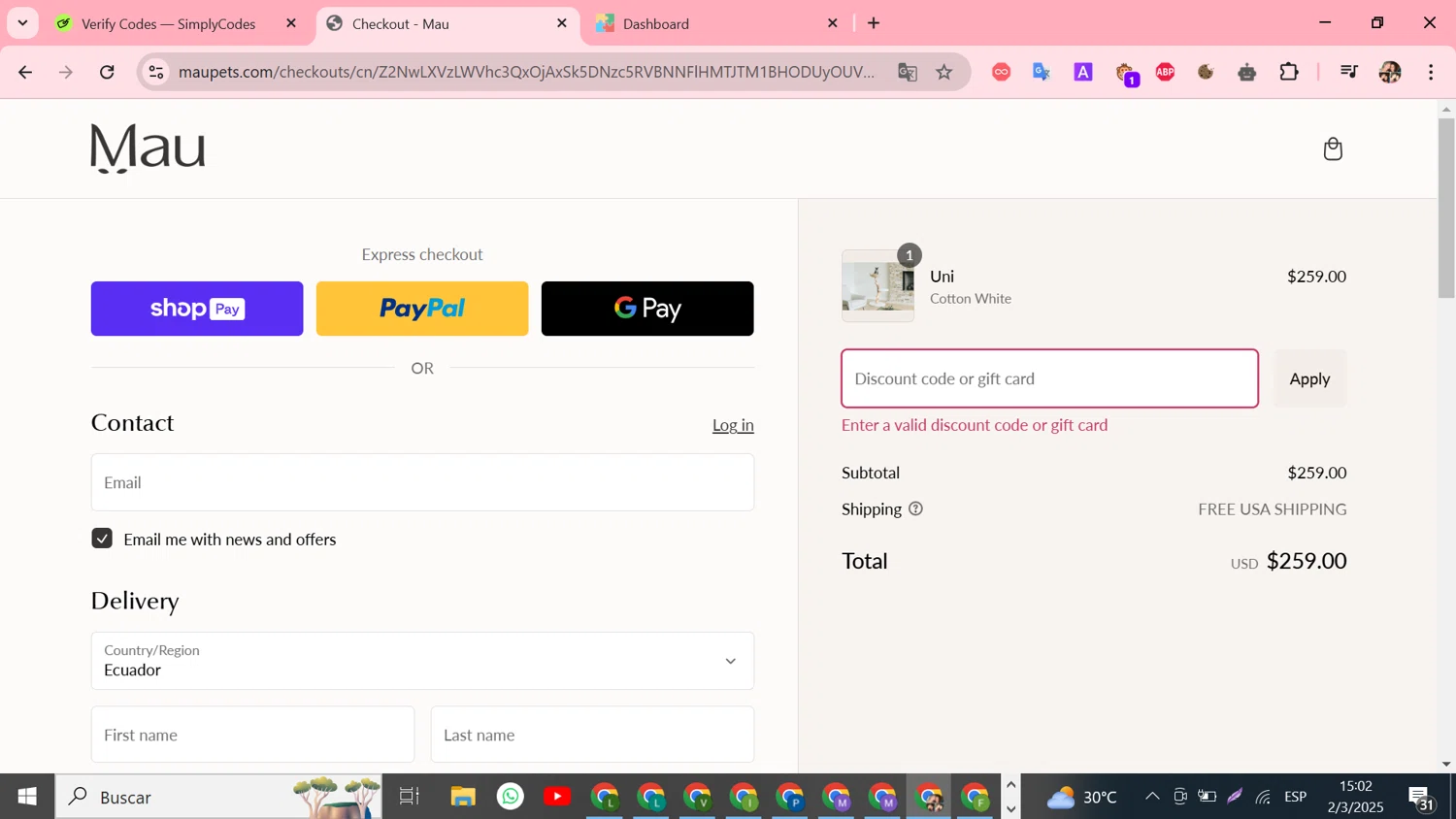Mau Pets discount code screenshot showing code y9BJdy applied at Mau Pets checkout page. Uploaded by SimplyCodes community member Susejprimera on Mar 2, 2025
