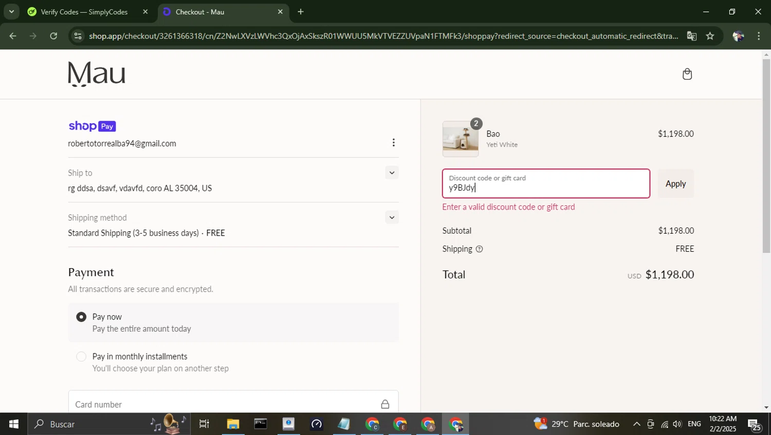 Mau Pets discount code screenshot showing code y9BJdy applied at Mau Pets checkout page. Uploaded by SimplyCodes community member alfredohernandez on Feb 2, 2025