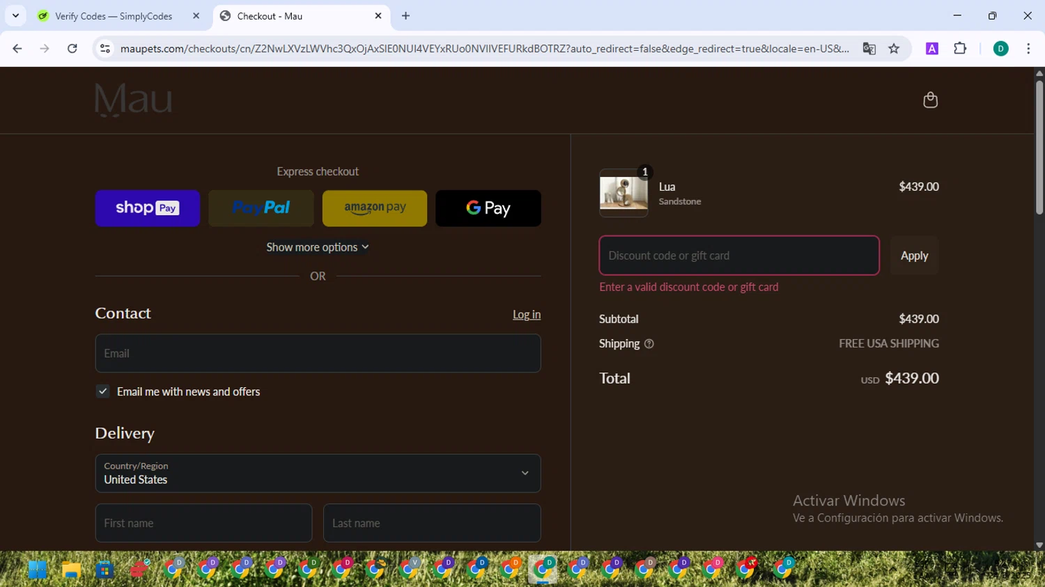 Mau Pets discount code screenshot showing code y9BJdy applied at Mau Pets checkout page. Uploaded by SimplyCodes community member NobleSleuth2804 on Mar 24, 2025