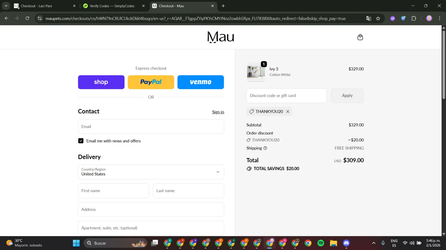 Mau Pets discount code screenshot showing code THANKYOU20 applied at Mau Pets checkout page. Uploaded by SimplyCodes community member CiegoEsmeet on Jan 2, 2026