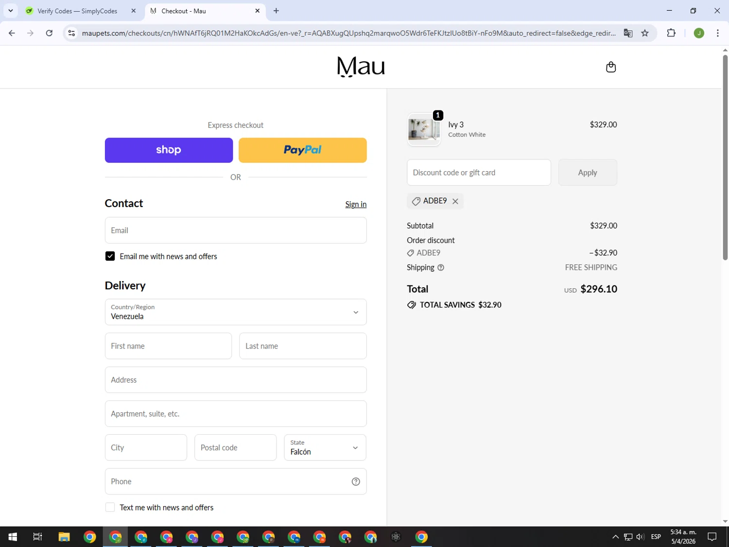 Mau Pets promo code screenshot showing code ADBE9 applied at Mau Pets checkout page. Uploaded by SimplyCodes community member MightyFinder1041 on Apr 5, 2026
