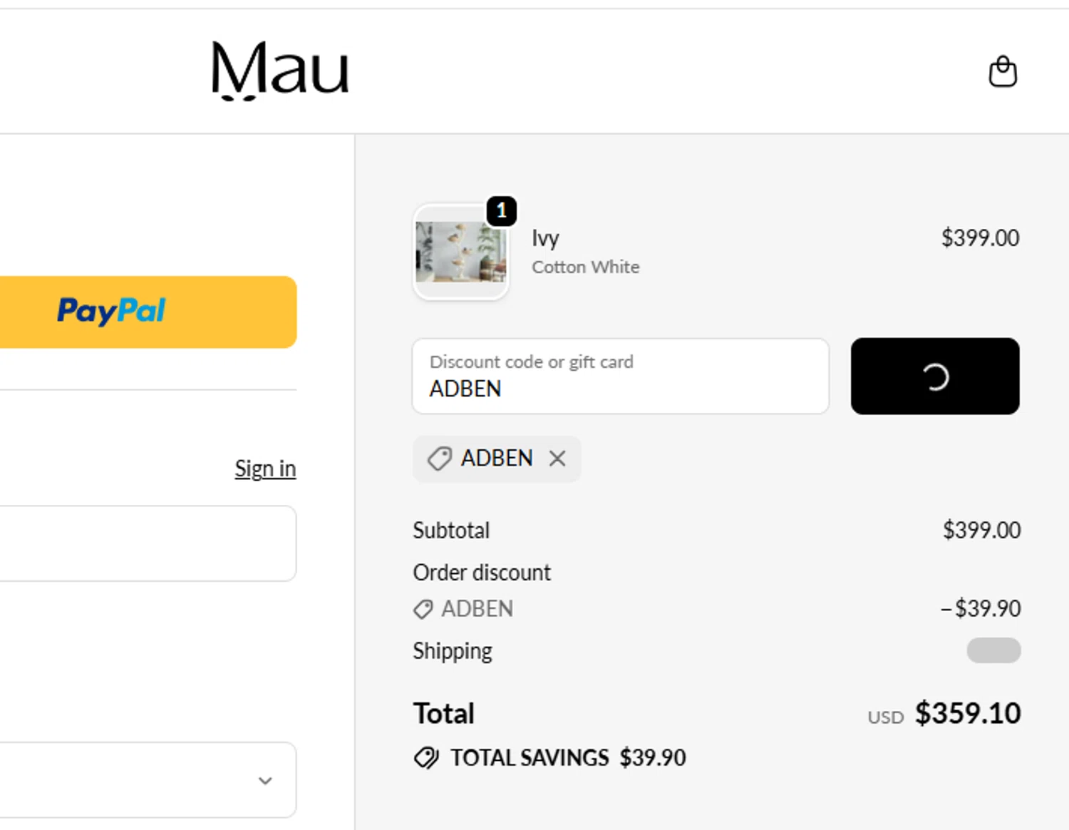 Mau Pets promo code screenshot showing code ADBEN applied at Mau Pets checkout page. Uploaded by SimplyCodes community member Mileidy on Apr 1, 2026