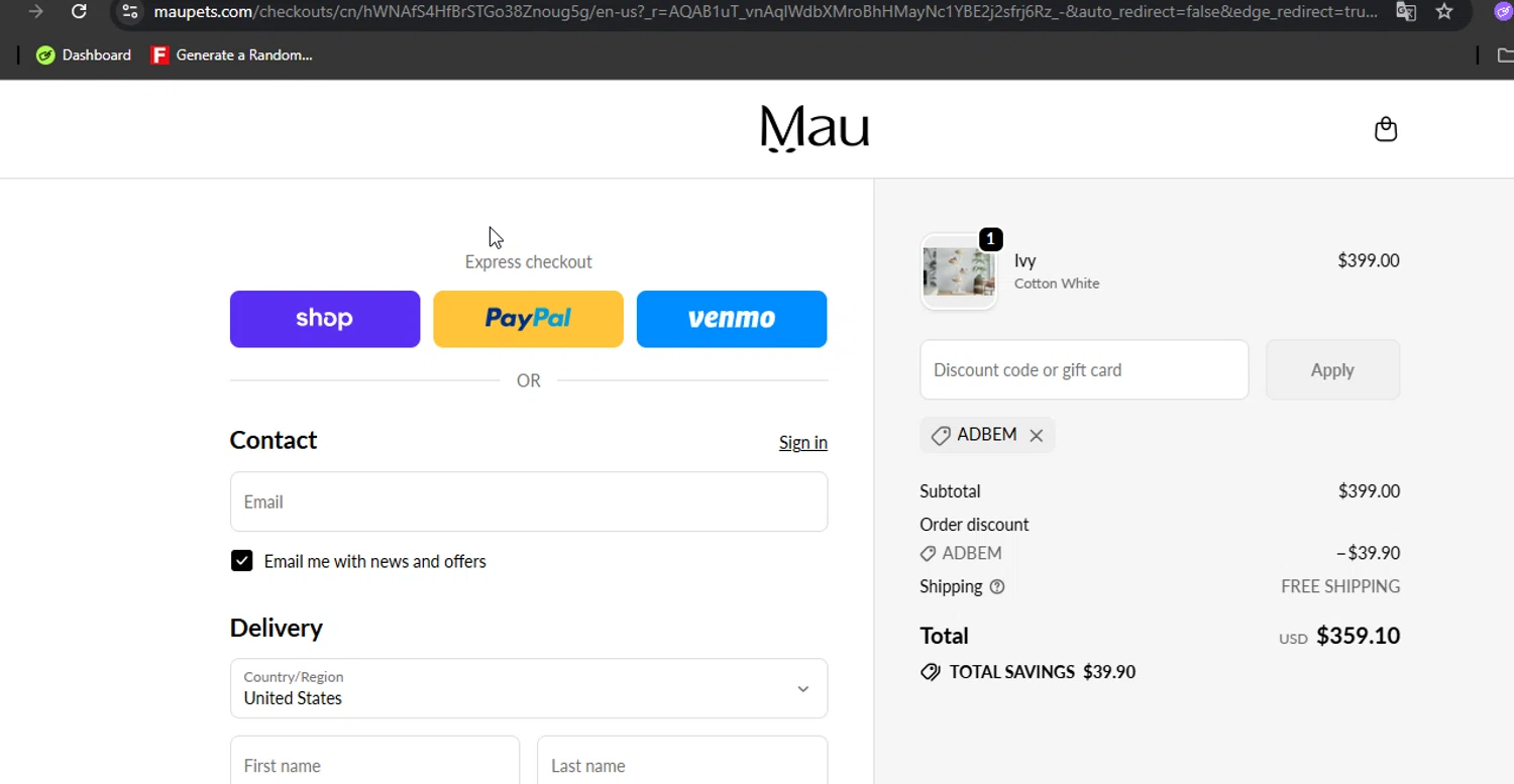 Mau Pets promo code screenshot showing code ADBEM applied at Mau Pets checkout page. Uploaded by SimplyCodes community member SaturoGojo on Apr 5, 2026