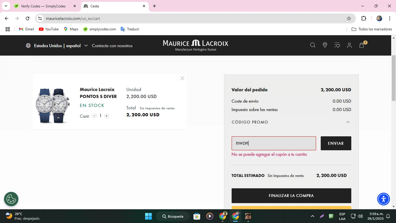 Maurice Lacroix promo code screenshot showing code PJWDPI applied at Maurice Lacroix checkout page. Uploaded by SimplyCodes community member BRBRBR on Jan 26, 2025