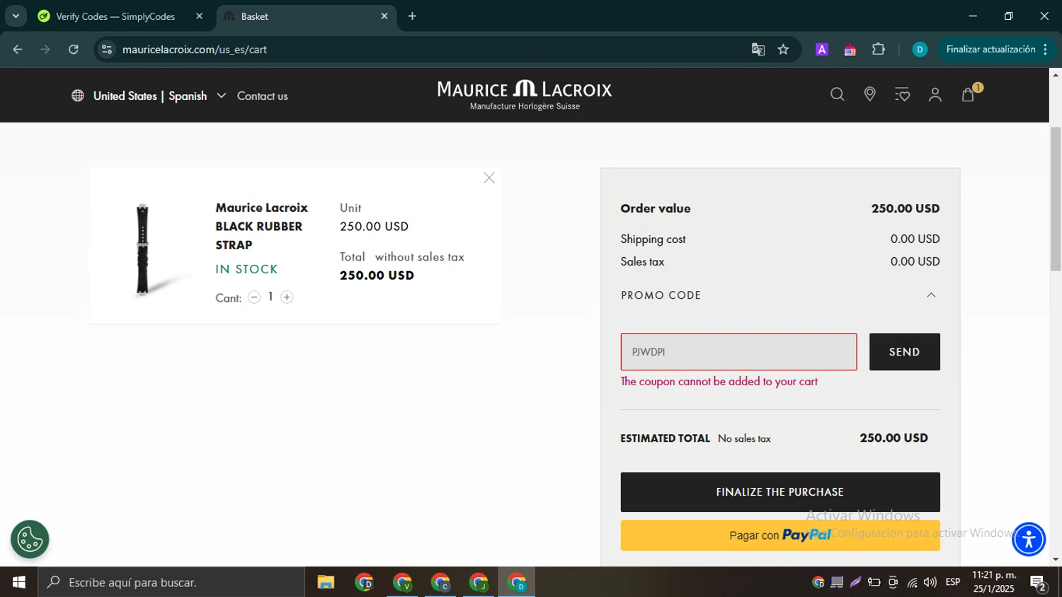 Maurice Lacroix promo code screenshot showing code PJWDPI applied at Maurice Lacroix checkout page. Uploaded by SimplyCodes community member WonderHawk4190 on Jan 26, 2025