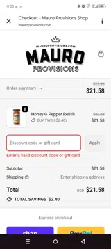 Mauro Provisions coupon verification screenshot