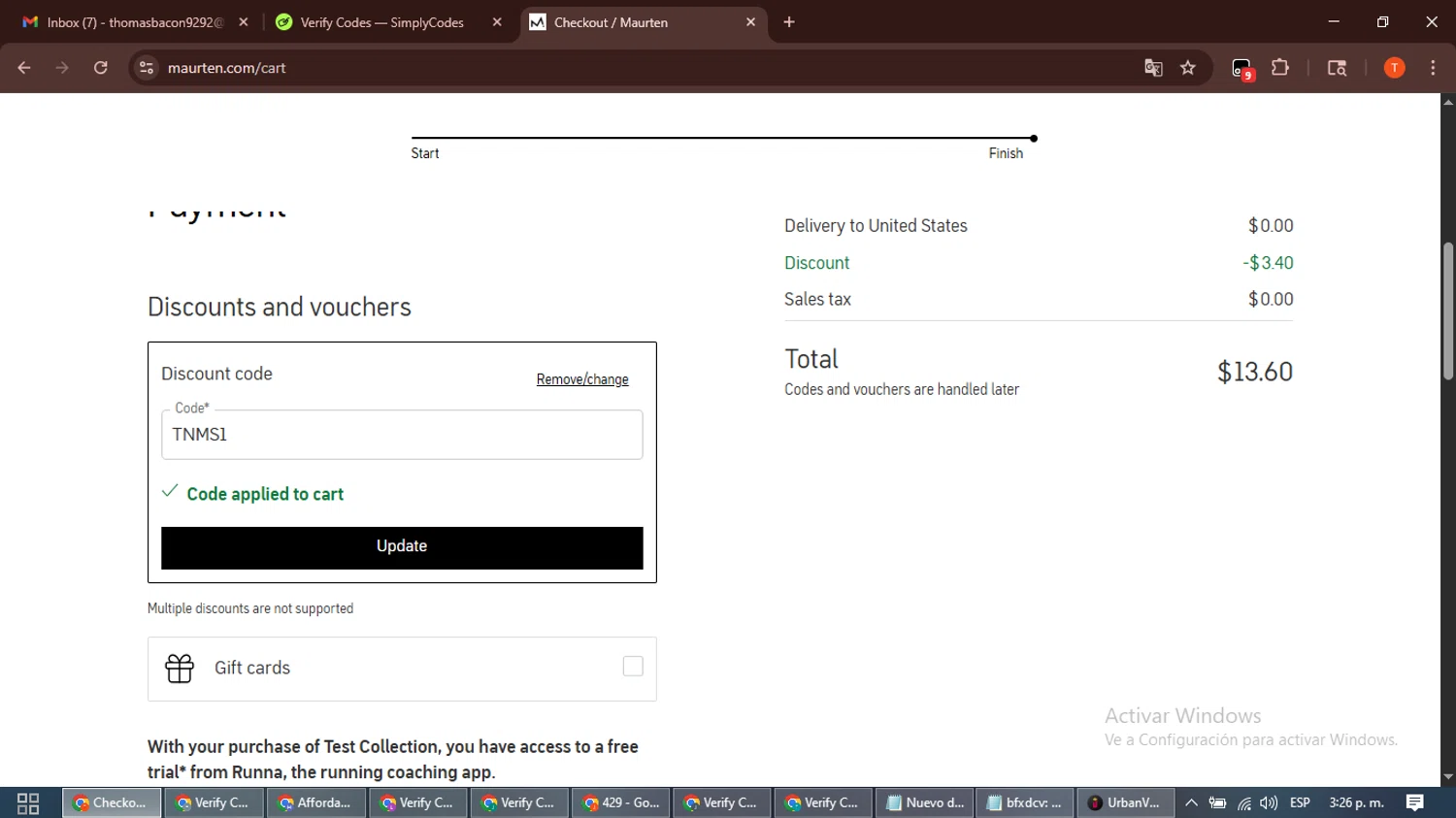 Maurten checkout page showing Maurten discount code box | Screenshot taken by SimplyCodes community member on Dec 3, 2025