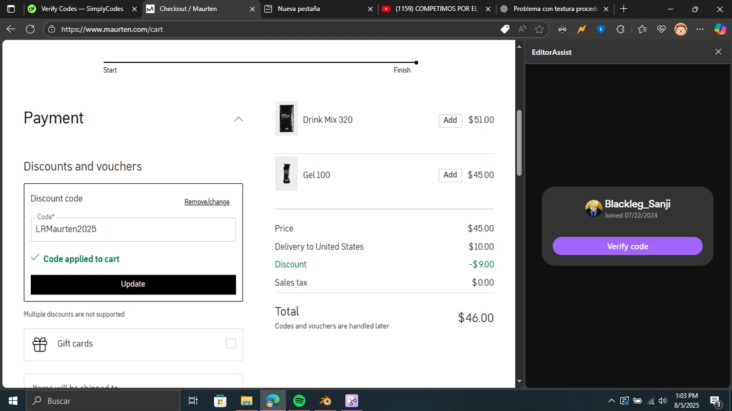 Maurten discount code screenshot showing code LRMaurten2025 applied at Maurten checkout page. Uploaded by SimplyCodes community member Blackleg_Sanji on Aug 5, 2025