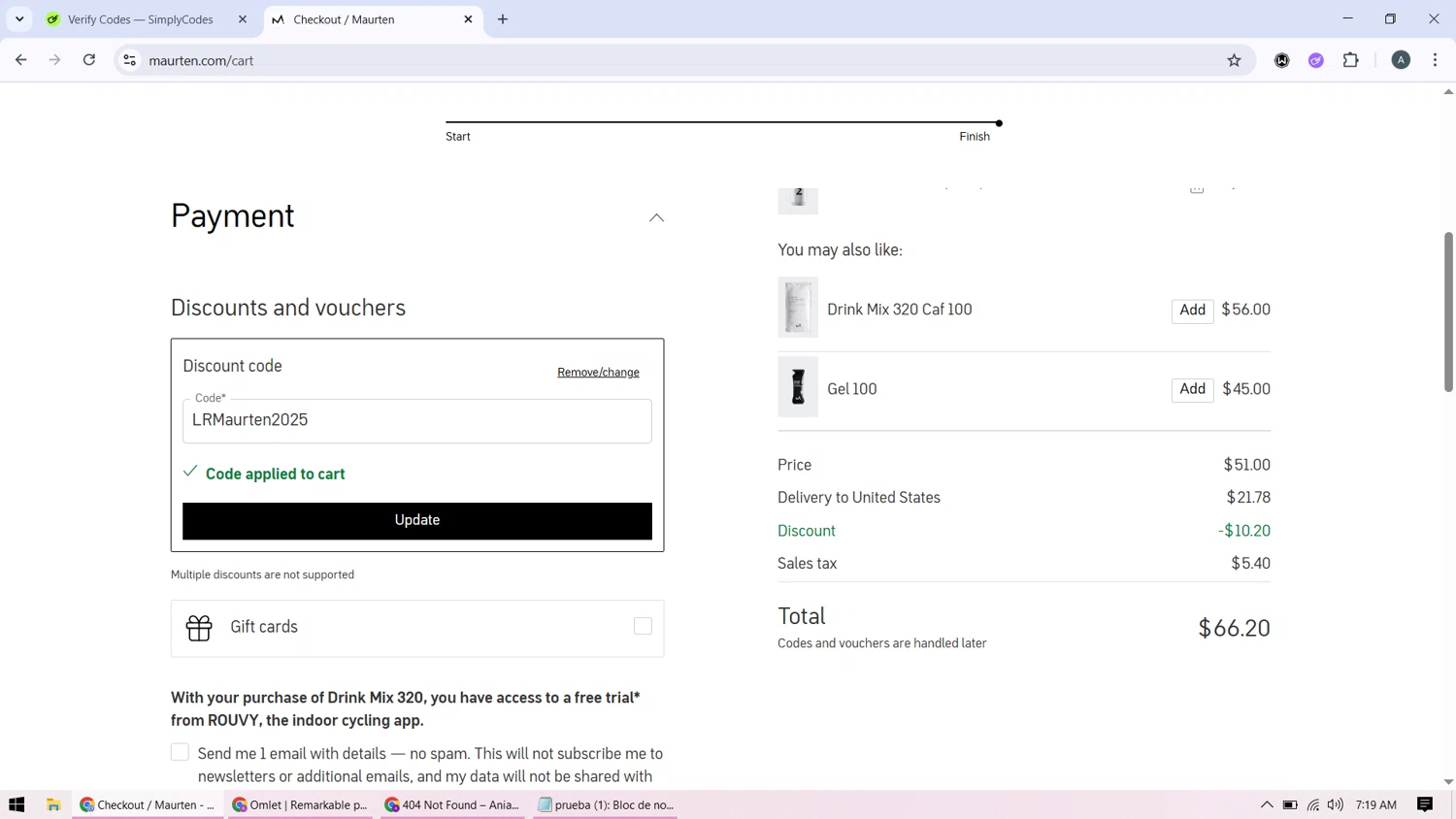 Maurten discount code screenshot showing code LRMaurten2025 applied at Maurten checkout page. Uploaded by SimplyCodes community member BonusMonarch7015 on Nov 30, 2025