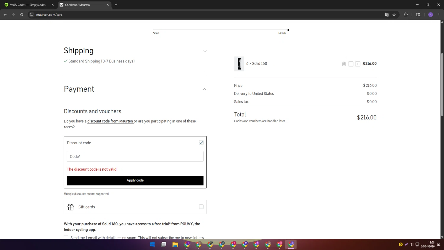 Maurten discount code screenshot showing code LRMaurten2025 applied at Maurten checkout page. Uploaded by SimplyCodes community member SAKURA on Jan 20, 2026