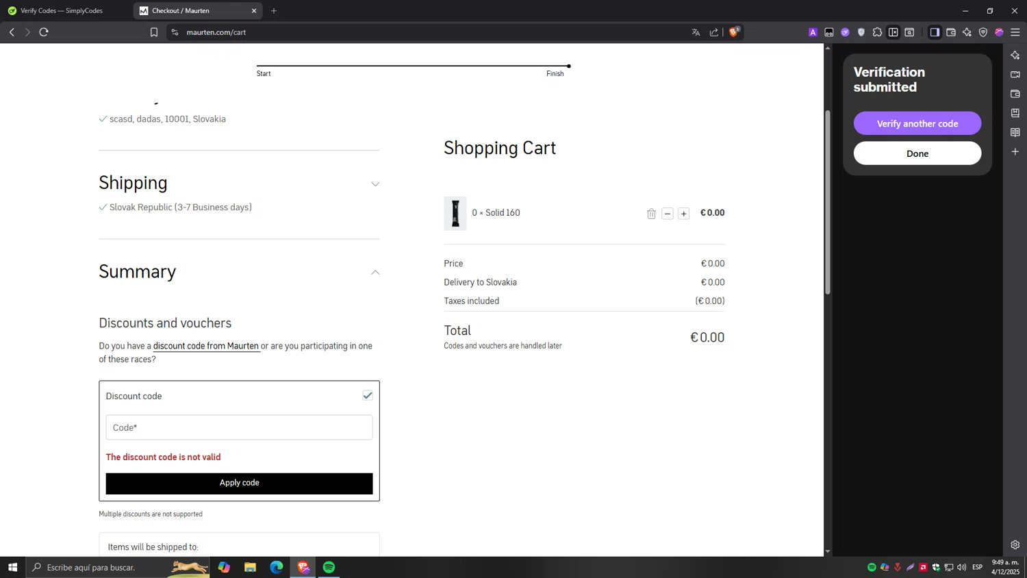 Maurten discount code screenshot showing code Vuelta2025 applied at Maurten checkout page. Uploaded by SimplyCodes community member Tragedy on Dec 4, 2025