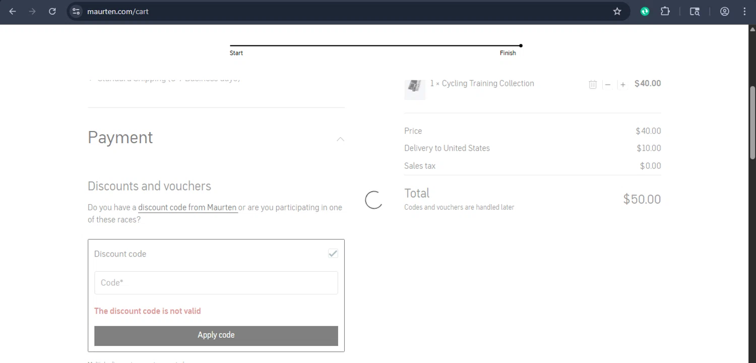 Maurten discount code screenshot showing code Vuelta2025 applied at Maurten checkout page. Uploaded by SimplyCodes community member xaswqe on Dec 4, 2025