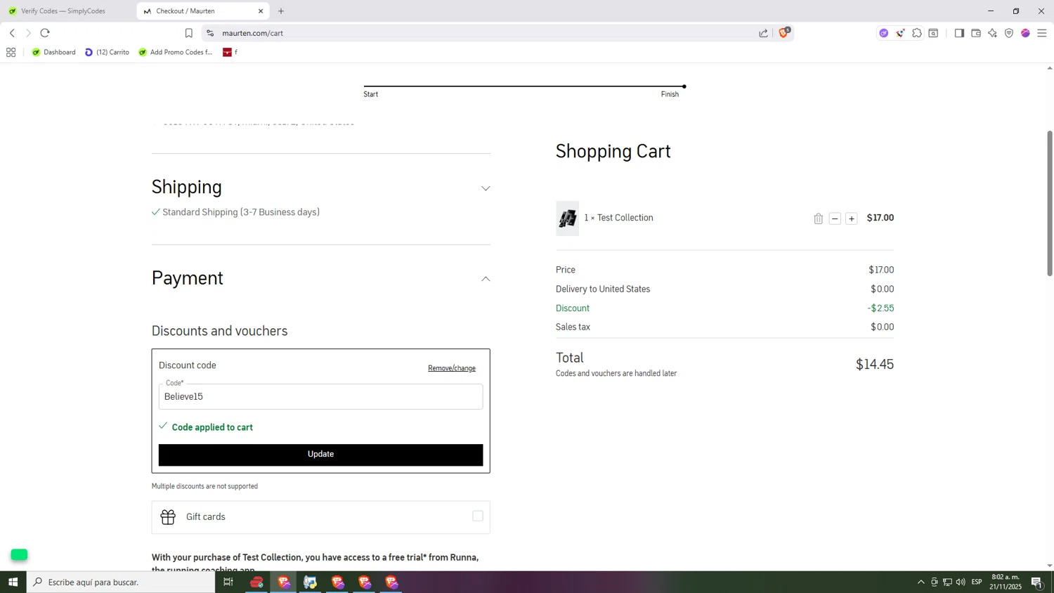 Maurten discount code screenshot showing code Believe15 applied at Maurten checkout page. Uploaded by SimplyCodes community member Nezukooo on Nov 21, 2025