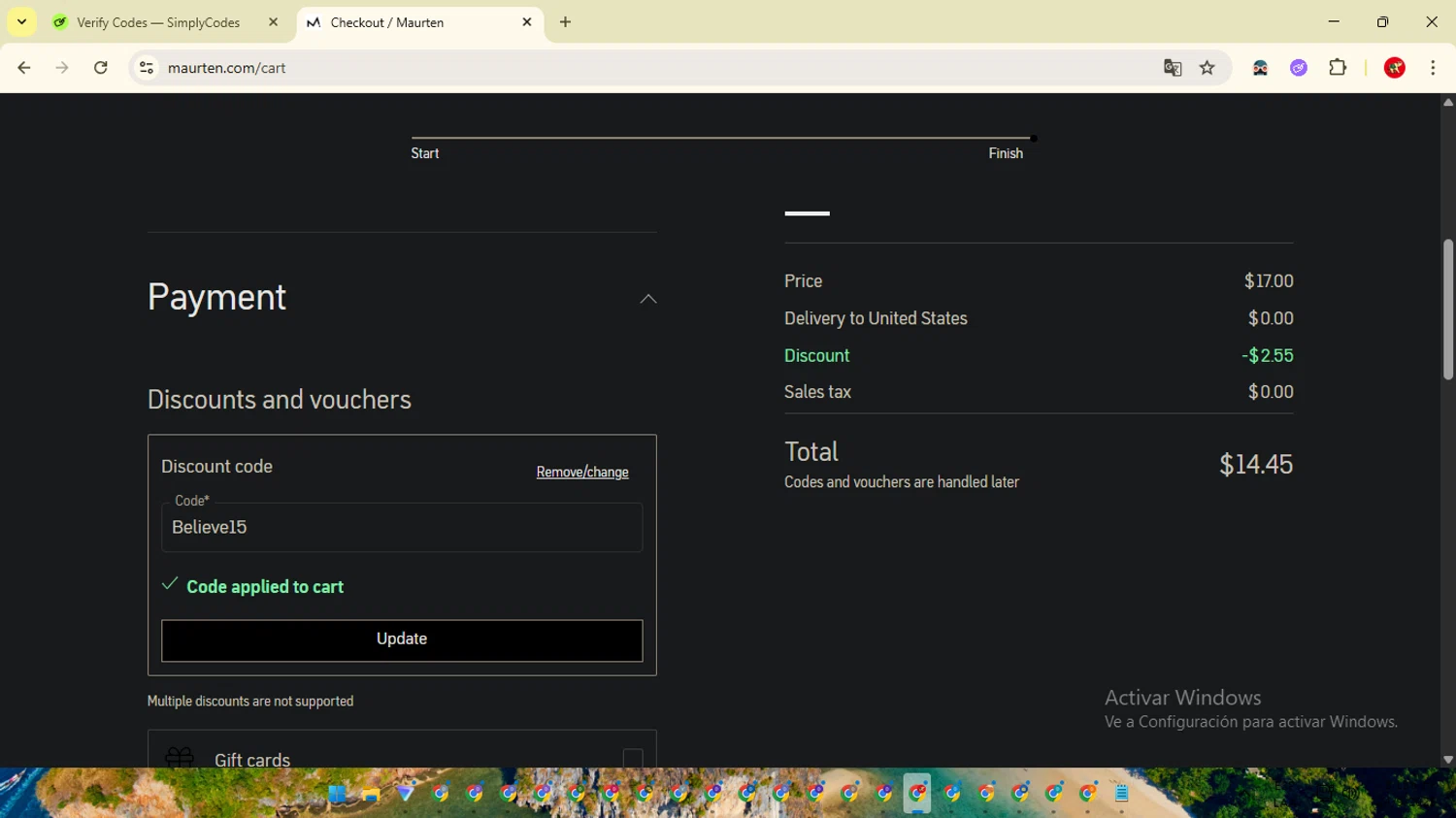 Maurten discount code screenshot showing code Believe15 applied at Maurten checkout page. Uploaded by SimplyCodes community member ShrewdCaptain2457 on Sep 24, 2025