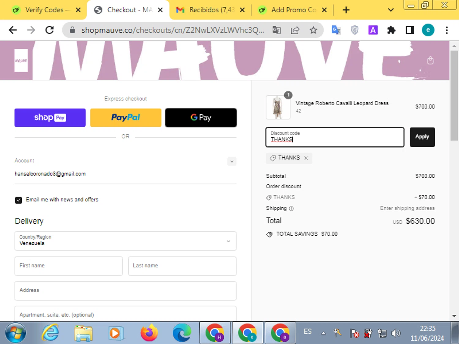 Mauve Shop checkout page showing Mauve Shop promo code box | Screenshot taken by SimplyCodes community member on Jun 12, 2024