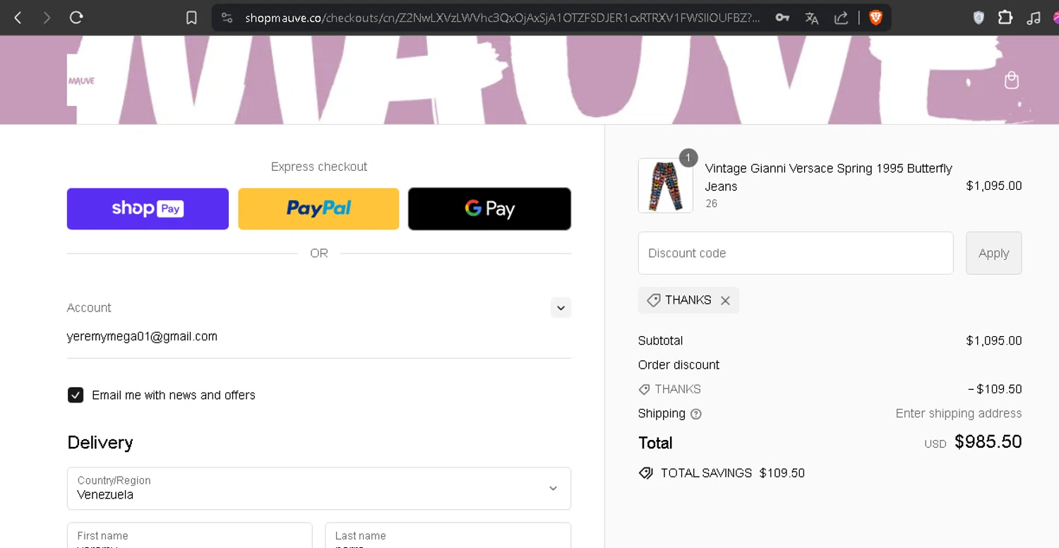 Mauve Shop checkout page showing Mauve Shop promo code box | Screenshot taken by SimplyCodes community member on Jun 12, 2024