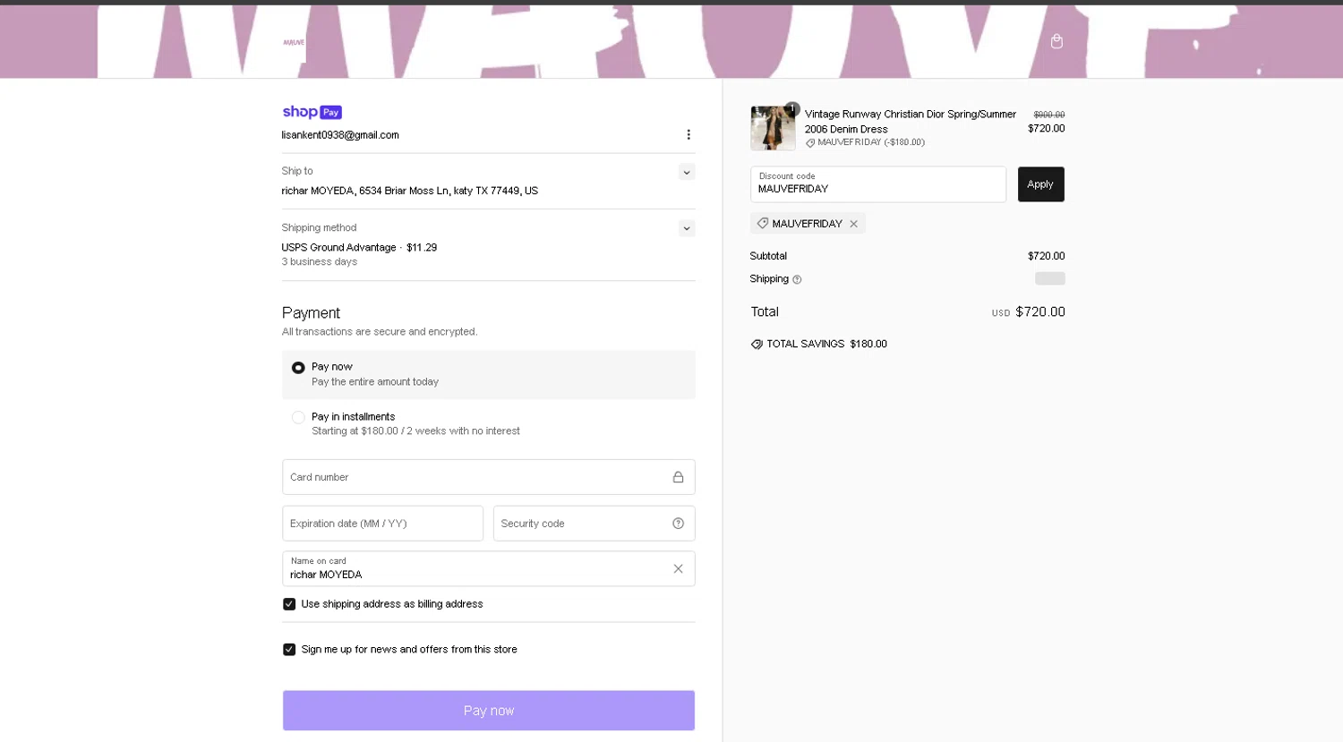 Mauve Shop checkout page showing Mauve Shop promo code box | Screenshot taken by SimplyCodes community member on Nov 28, 2024
