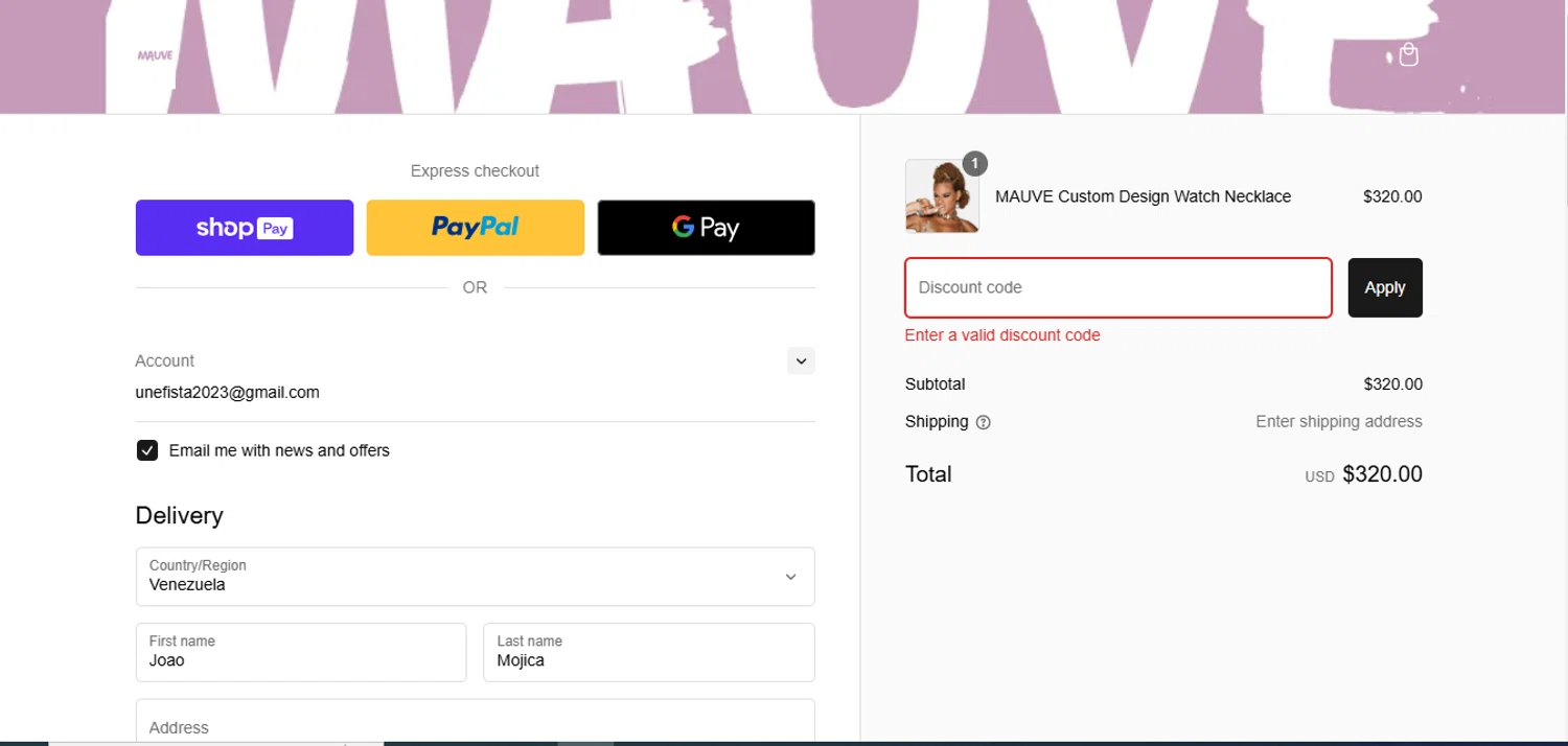 Mauve Shop promo code screenshot showing code MAUVEFRIDAY applied at Mauve Shop checkout page. Uploaded by SimplyCodes community member juanisaac on Dec 27, 2024