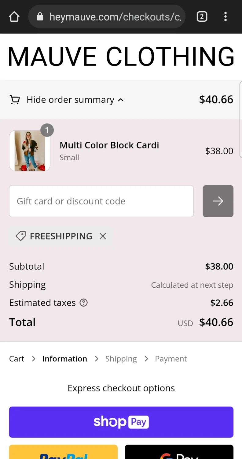 Mauve Clothing Boutique checkout page showing Mauve Clothing Boutique promo code box | Screenshot taken by SimplyCodes community member on May 15, 2023