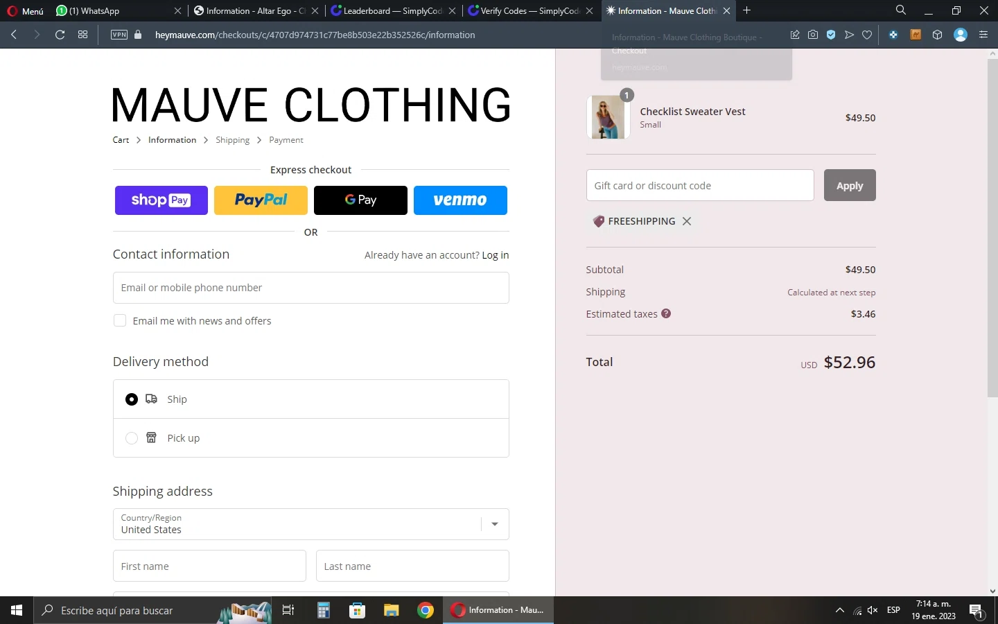 Mauve Clothing Boutique checkout page showing Mauve Clothing Boutique promo code box | Screenshot taken by SimplyCodes community member on Jan 19, 2023