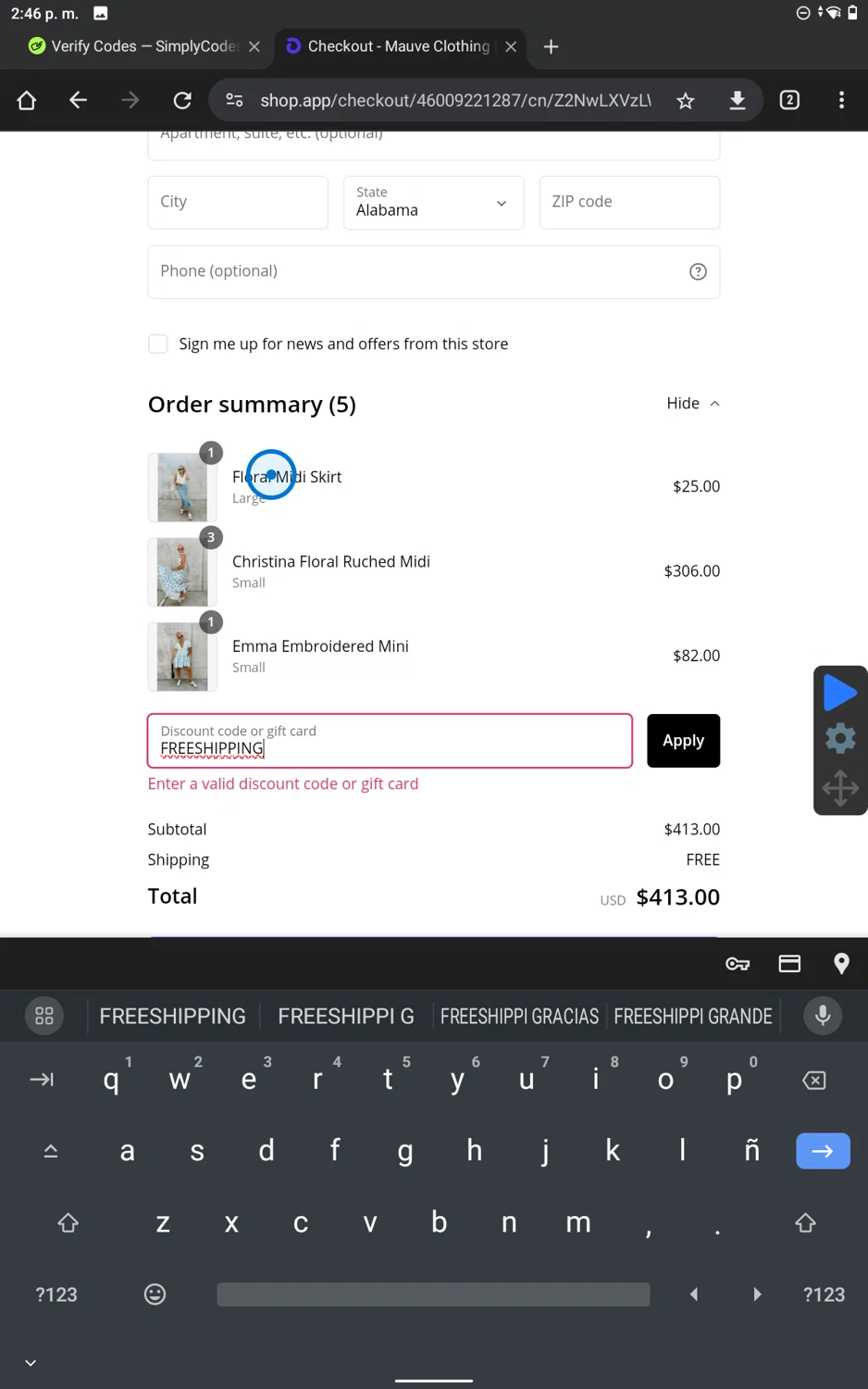 Mauve Clothing Boutique checkout page showing Mauve Clothing Boutique promo code box | Screenshot taken by SimplyCodes community member on Jul 17, 2024