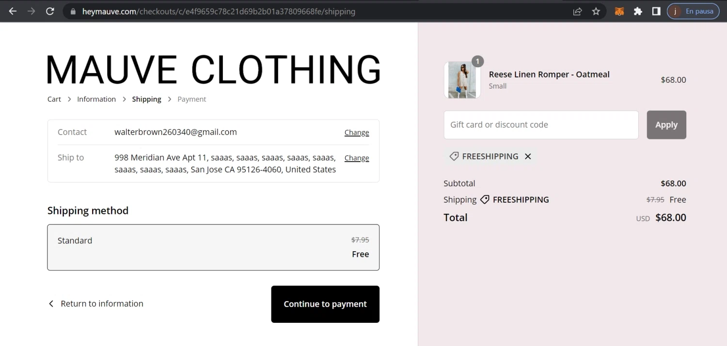 Mauve Clothing Boutique checkout page showing Mauve Clothing Boutique promo code box | Screenshot taken by SimplyCodes community member on Jun 13, 2023