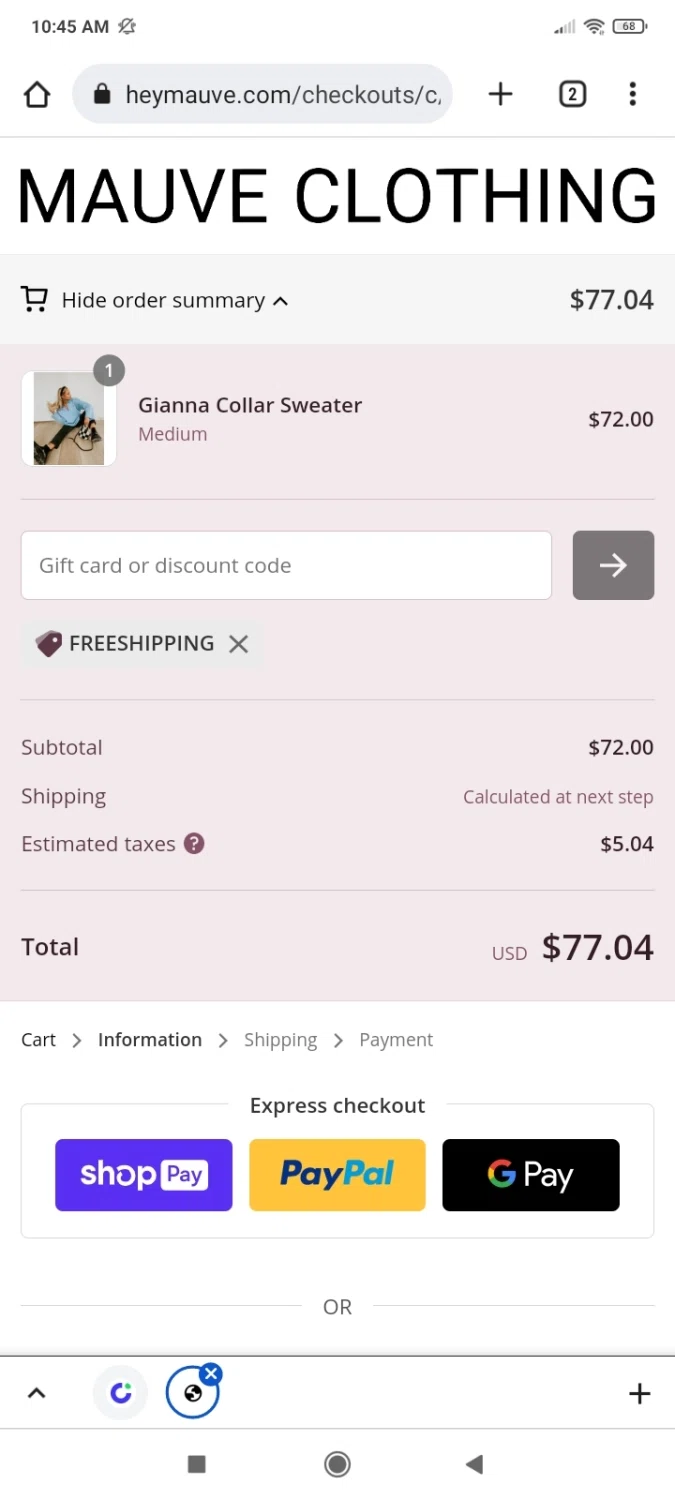 Mauve Clothing Boutique checkout page showing Mauve Clothing Boutique promo code box | Screenshot taken by SimplyCodes community member on Nov 22, 2022
