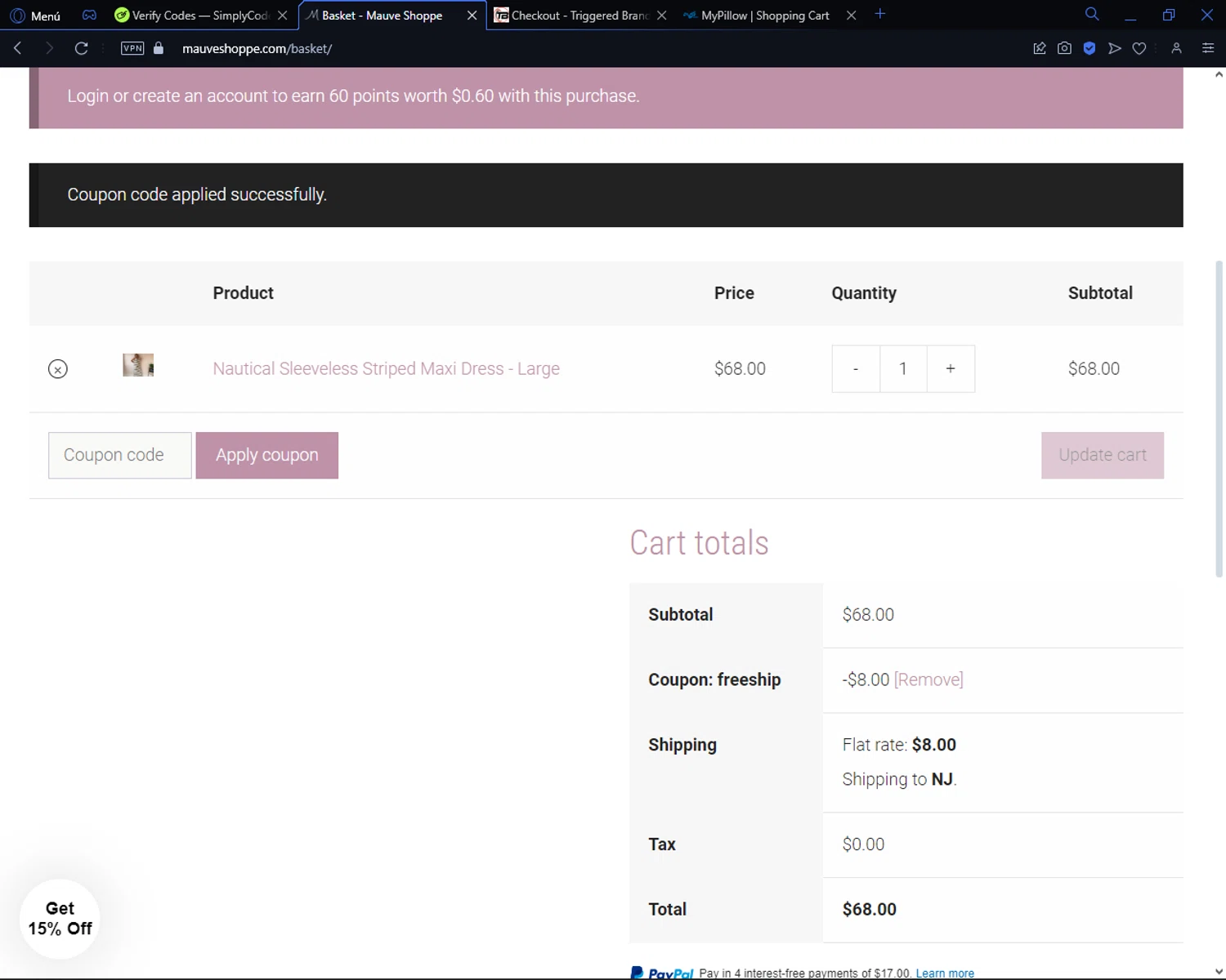 Mauve Shoppe checkout page showing Mauve Shoppe promo code box | Screenshot taken by SimplyCodes community member on May 24, 2024