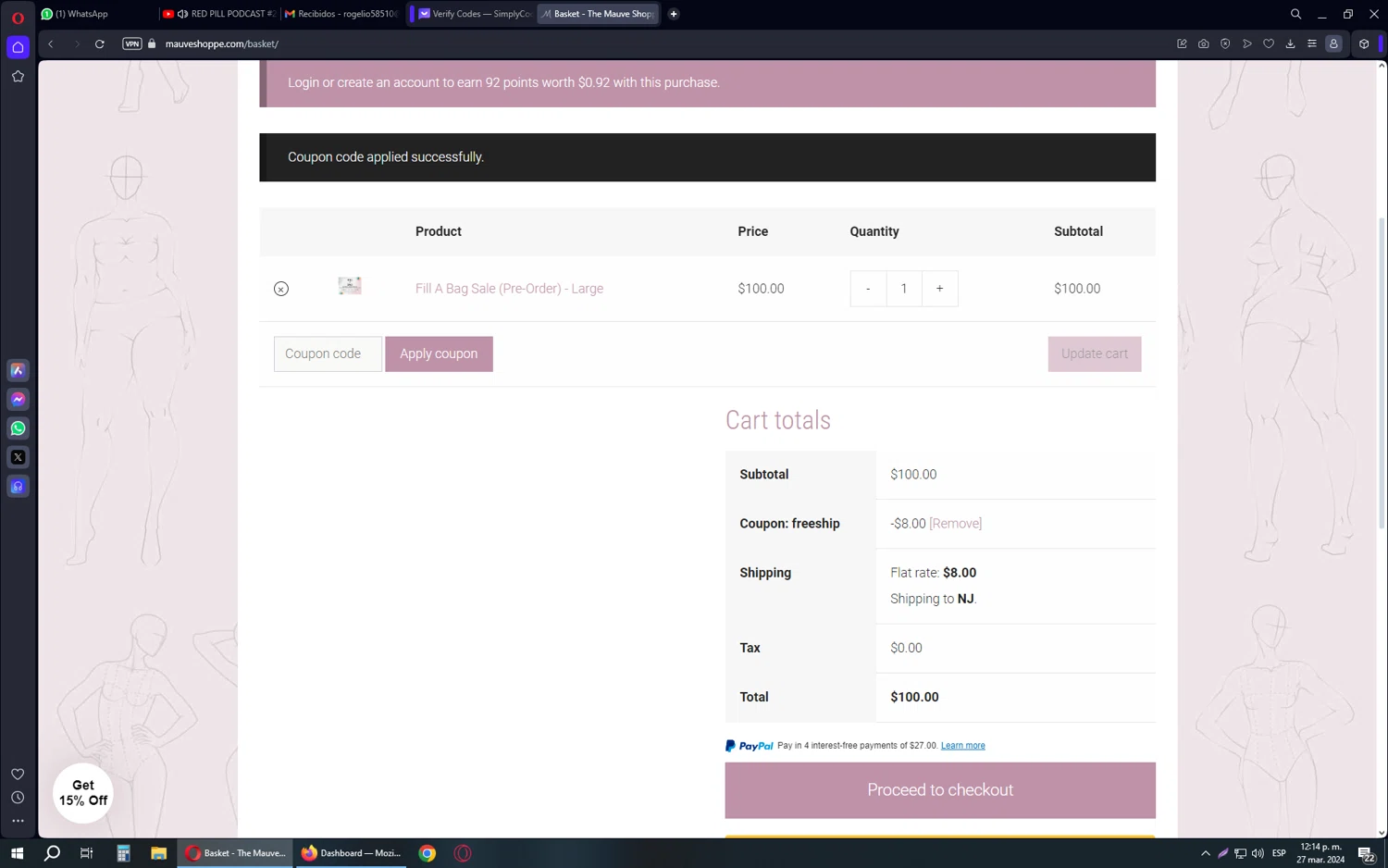 Mauve Shoppe checkout page showing Mauve Shoppe promo code box | Screenshot taken by SimplyCodes community member on Mar 27, 2024