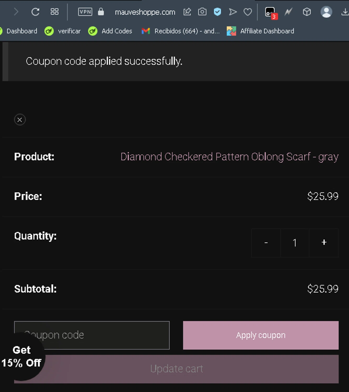 Mauve Shoppe checkout page showing Mauve Shoppe promo code box | Screenshot taken by SimplyCodes community member on Aug 19, 2024