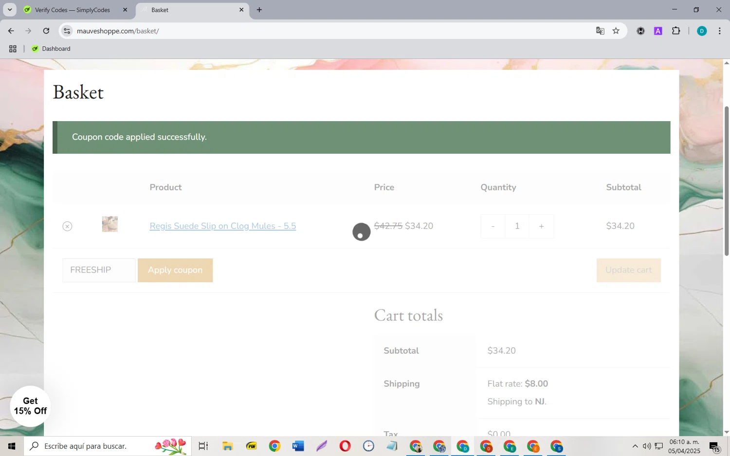 Mauve Shoppe promo code screenshot showing code FREESHIP applied at Mauve Shoppe checkout page. Uploaded by SimplyCodes community member MagnificentCollector5368 on Apr 5, 2025
