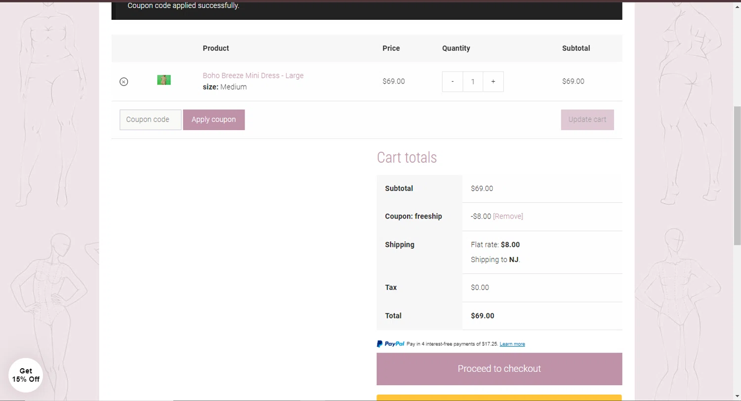 Mauve Shoppe checkout page showing Mauve Shoppe promo code box | Screenshot taken by SimplyCodes community member on Sep 17, 2024