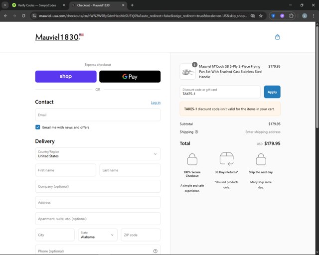 Mauviel checkout page showing Mauviel discount code box | Screenshot taken by SimplyCodes community member on Sep 2, 2025