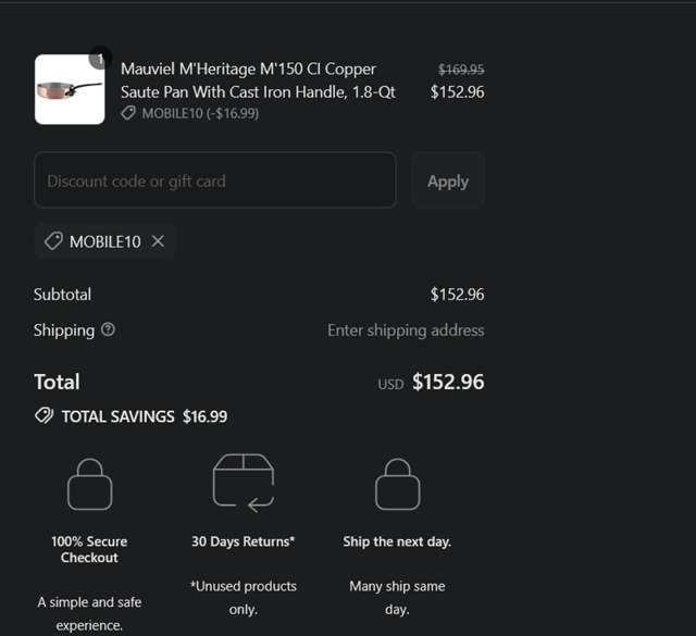 Mauviel checkout page showing Mauviel discount code box | Screenshot taken by SimplyCodes community member on Sep 2, 2025
