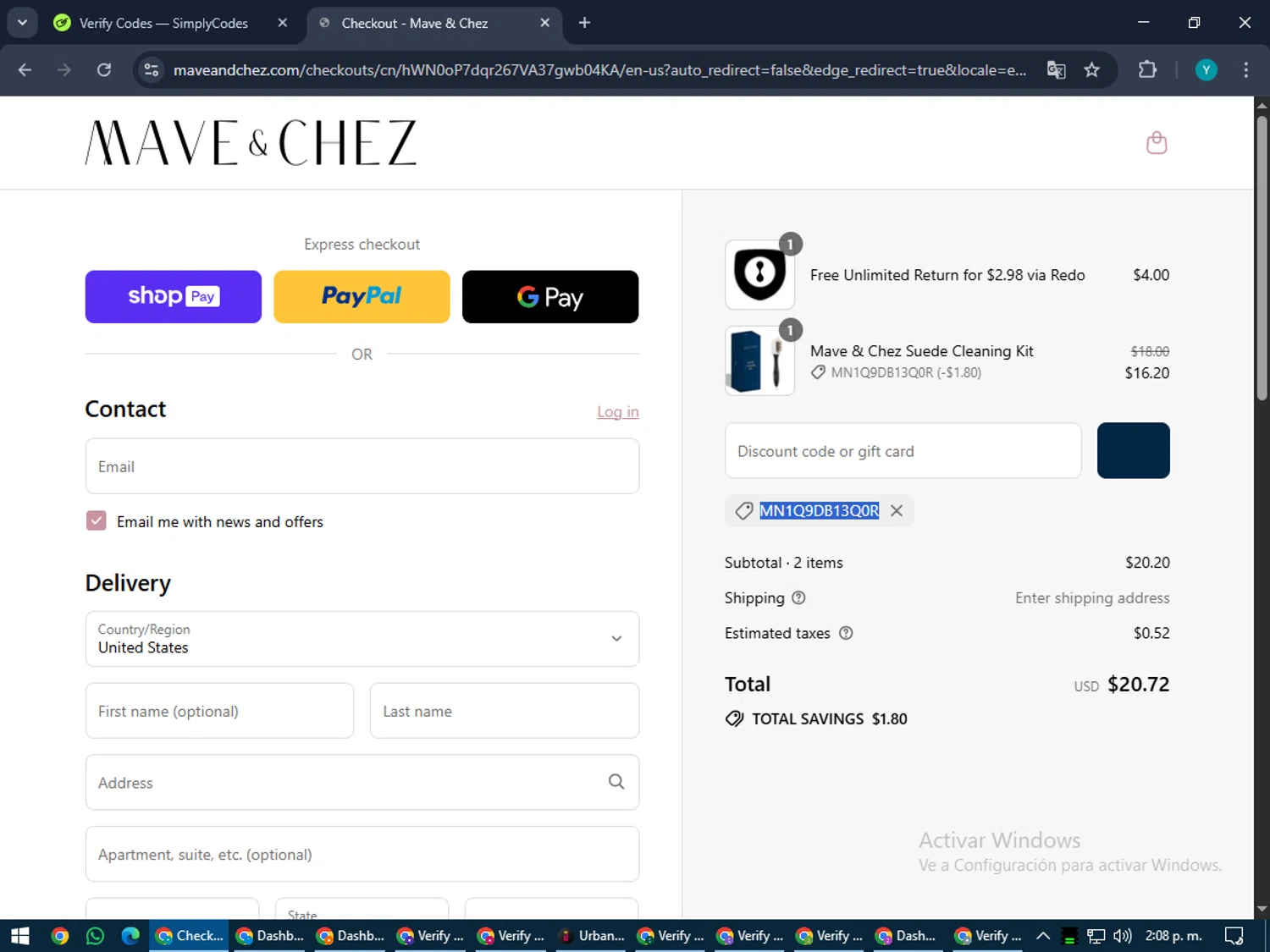 Mave & Chez promo code screenshot showing code MN1Q9DB13Q0R applied at Mave & Chez checkout page. Uploaded by SimplyCodes community member RoyalEagle4794 on Jul 19, 2025