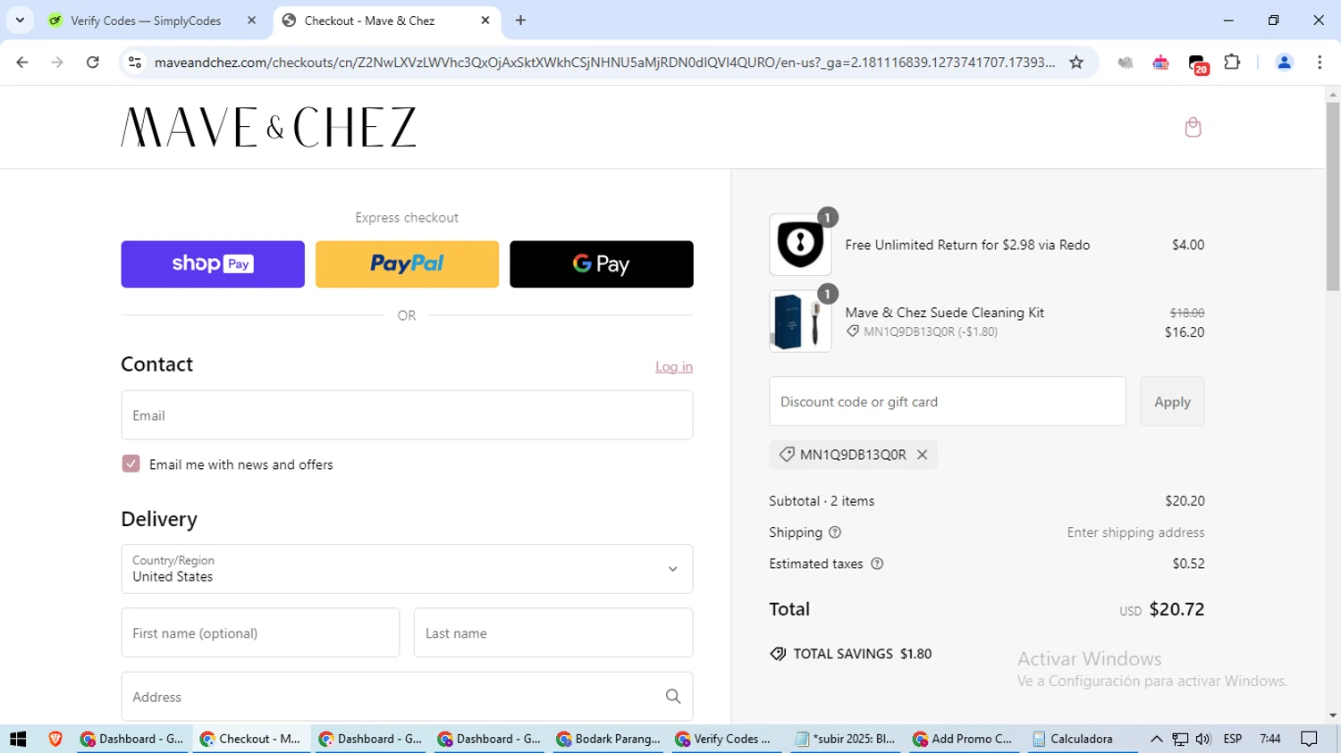 Mave & Chez promo code screenshot showing code MN1Q9DB13Q0R applied at Mave & Chez checkout page. Uploaded by SimplyCodes community member aSASAS on Feb 12, 2025