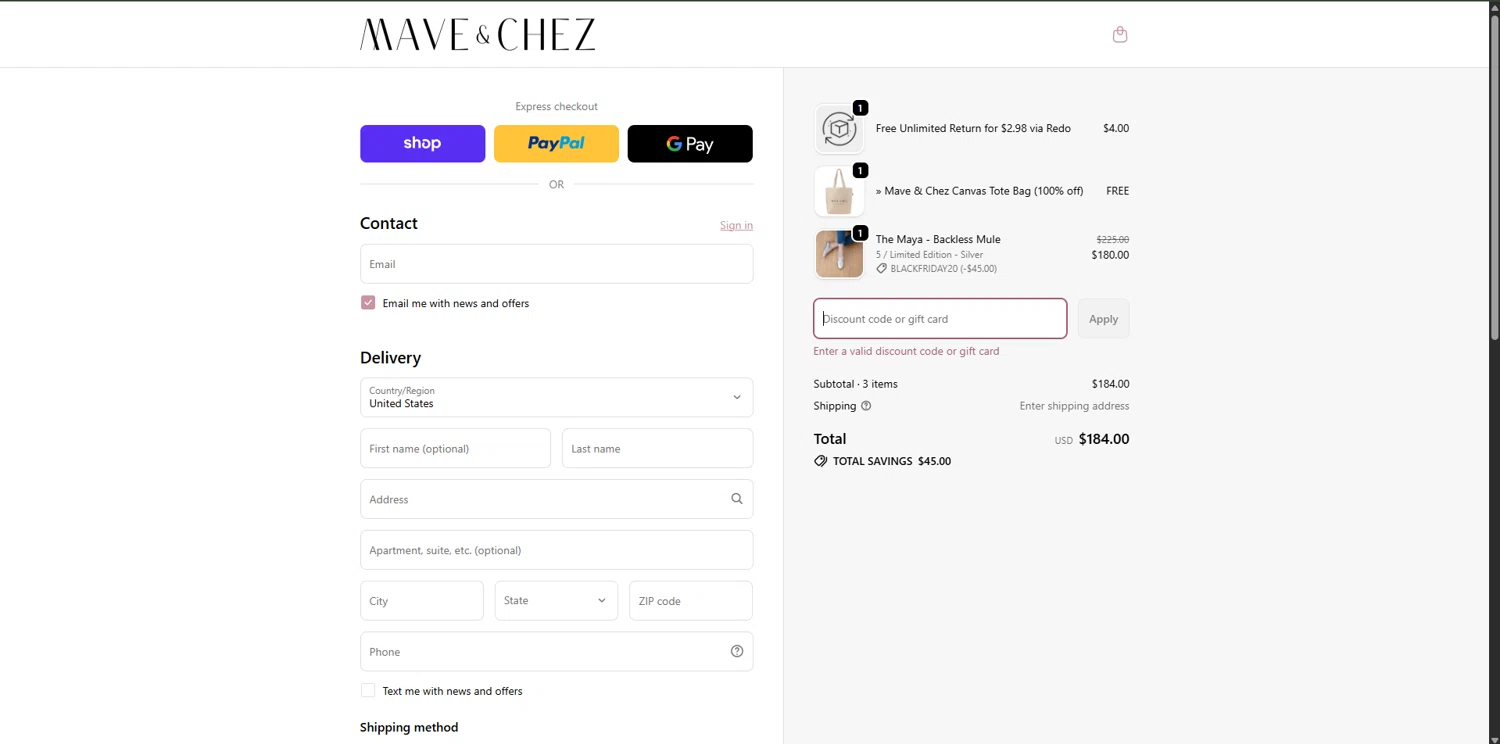 Mave & Chez promo code screenshot showing code RAZ15OFF applied at Mave & Chez checkout page. Uploaded by SimplyCodes community member RewardPhoenix3732 on Nov 30, 2025