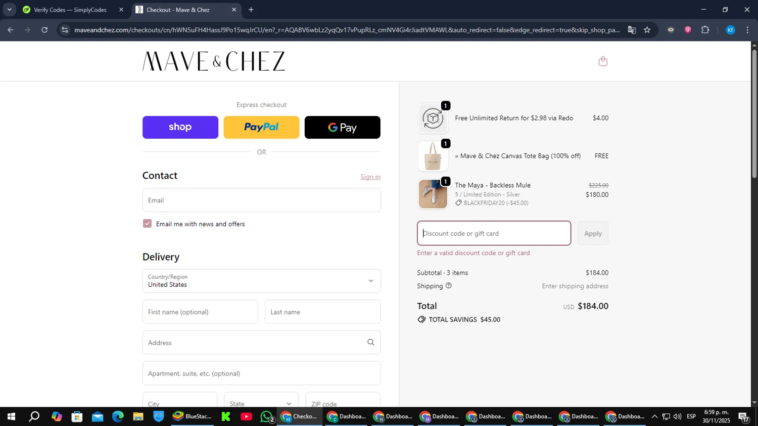 Mave & Chez promo code screenshot showing code RAZ15OFF applied at Mave & Chez checkout page. Uploaded by SimplyCodes community member jorgeyahoo on Nov 30, 2025