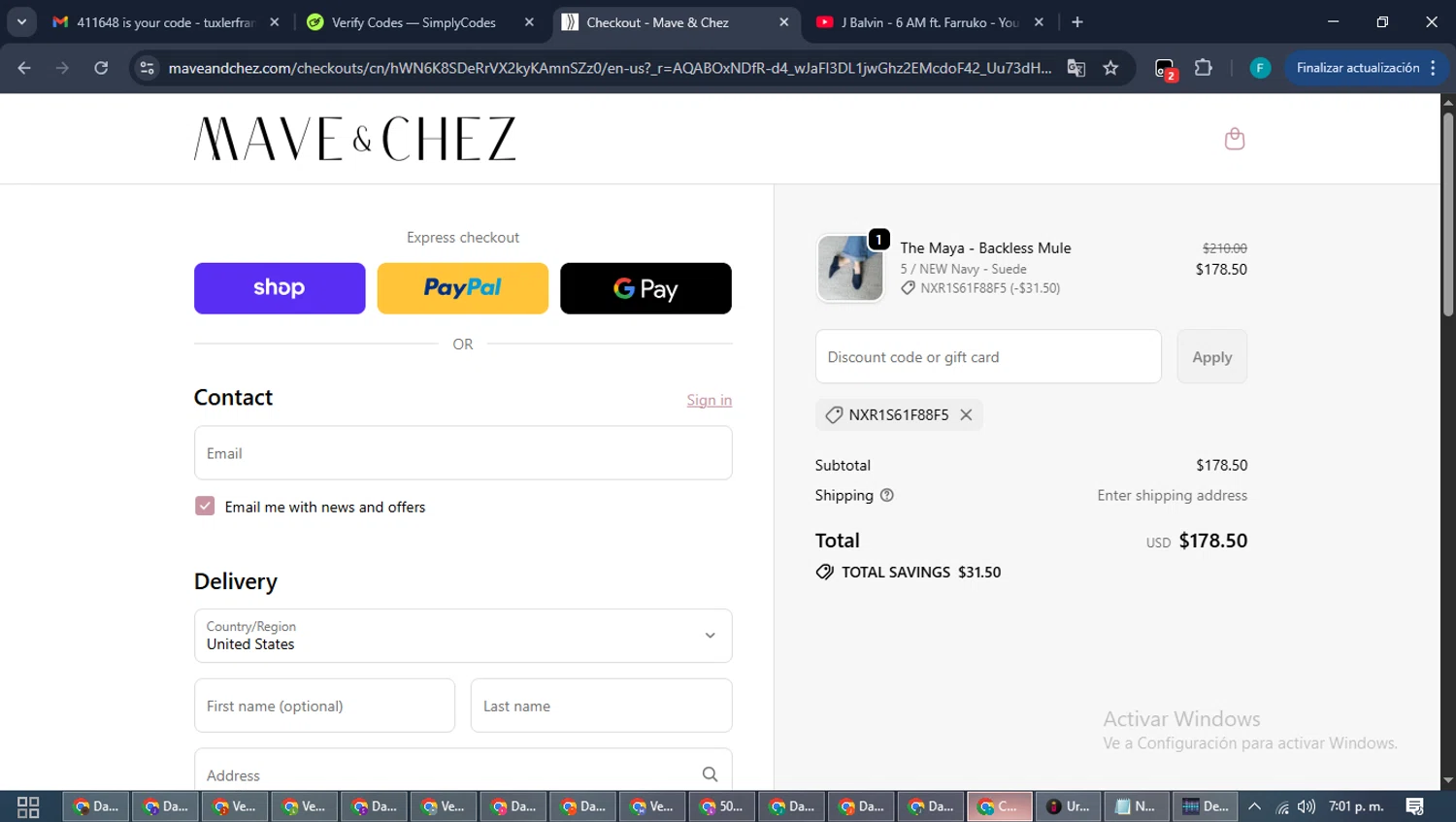 Mave & Chez promo code screenshot showing code nxr1s61f88f5 applied at Mave & Chez checkout page. Uploaded by SimplyCodes community member ShrewdTitan3233 on Dec 11, 2025