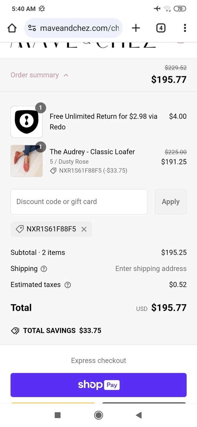 Mave & Chez promo code screenshot showing code nxr1s61f88f5 applied at Mave & Chez checkout page. Uploaded by SimplyCodes community member MightyBoss9975 on Feb 26, 2025